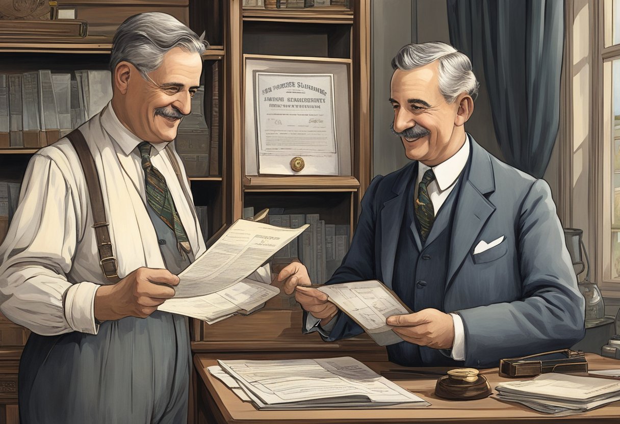 A government official hands over the first amateur radio license to a radio enthusiast in 1912. The enthusiast is eagerly receiving the document with a smile on their face