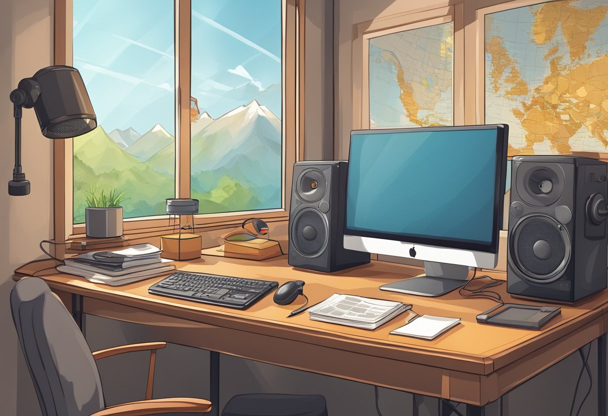 A desk with a ham radio, microphone, and headphones. Antenna outside window. Manuals and notes scattered. Map on wall. Computer for logging contacts. Cozy room with good lighting