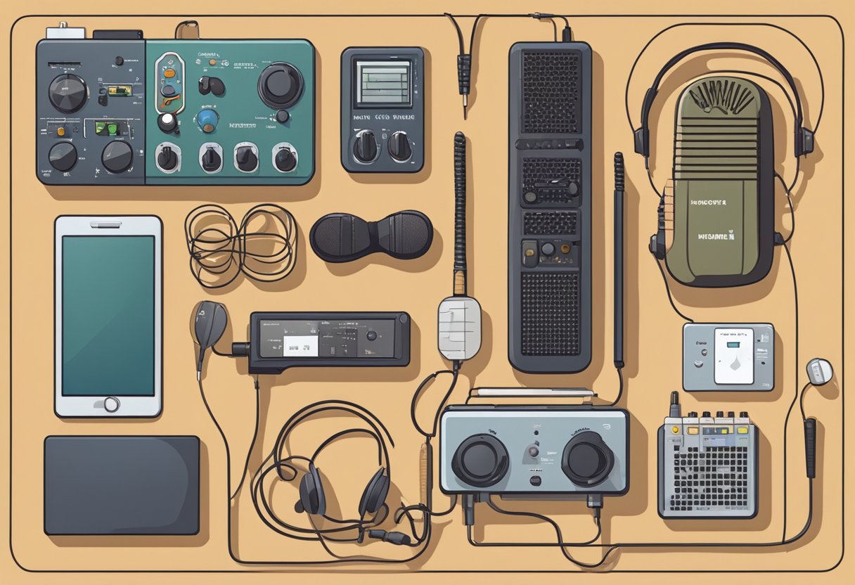 A table with various ham radio equipment laid out, including a transceiver, antenna, power supply, microphone, and headphones. A person is adjusting the settings on the transceiver while referring to a setup guide