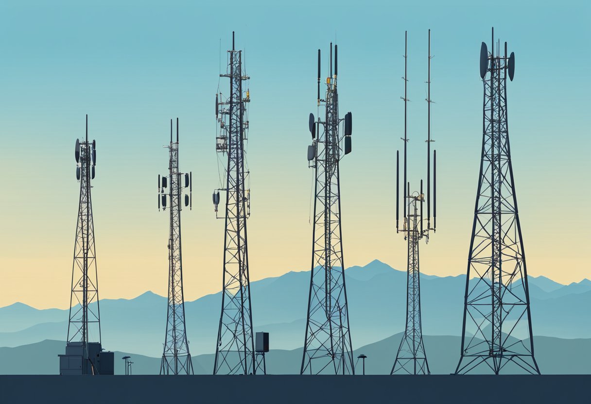 Five ham radio antennas arranged in a row, varying in size and design. Each antenna is positioned on a tall mast against a clear blue sky, with mountains in the distance