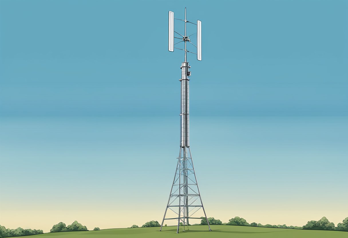 A Comet GP-9 dual band antenna stands tall against a clear blue sky, with its sleek design and sturdy construction ready to deliver maximum range and clarity for ham radio enthusiasts