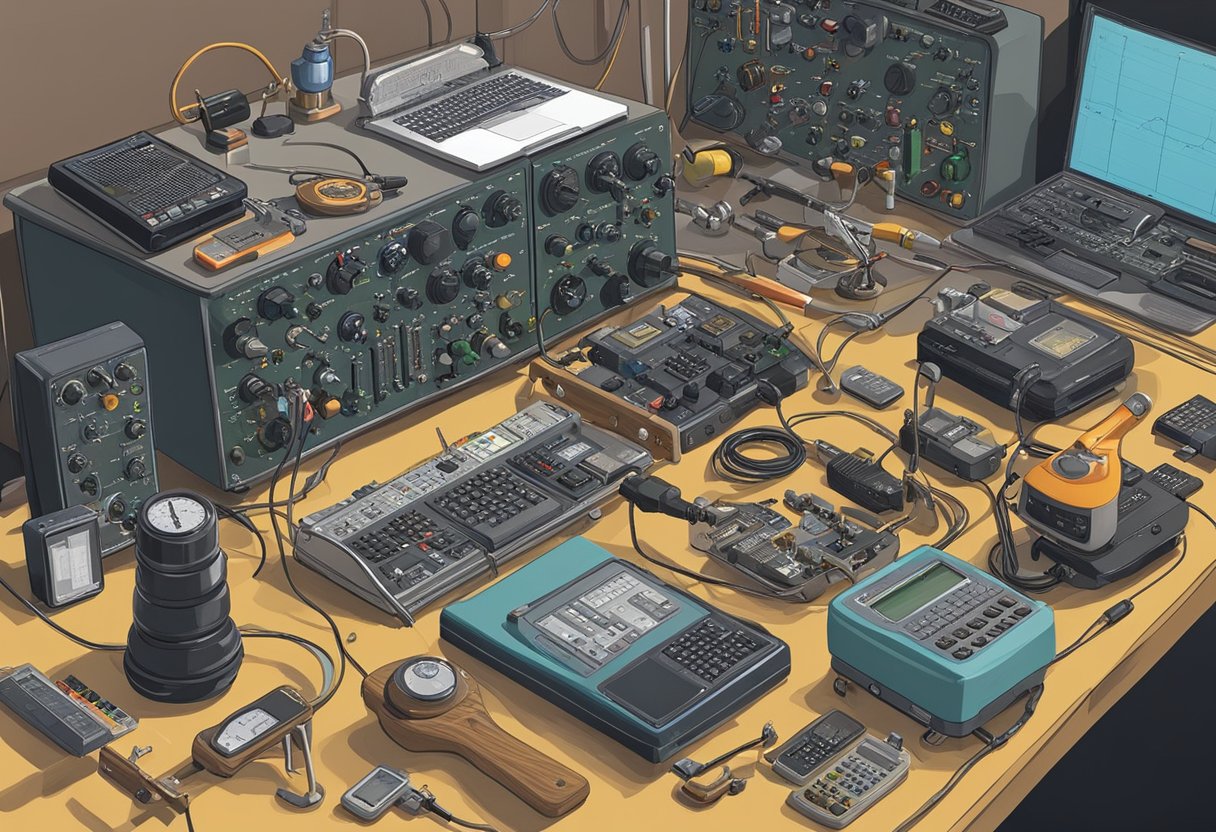 A cluttered workbench with various ham radio equipment, including transceivers, antennas, and frequency meters. A person is adjusting dials and taking notes