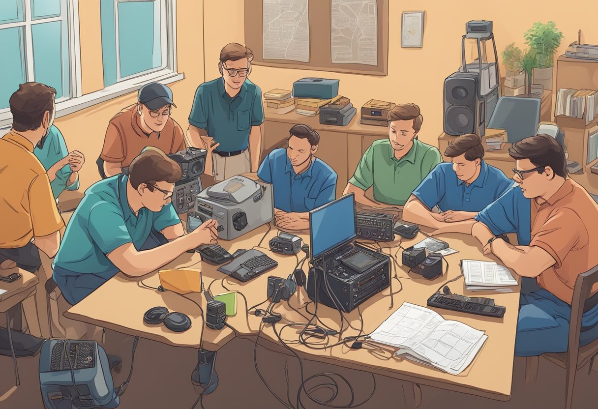 A group of people gathered around a table, exchanging tips and techniques for improving their ham radio skills. Radios and antennas are scattered around the room, and everyone is engaged in lively conversation