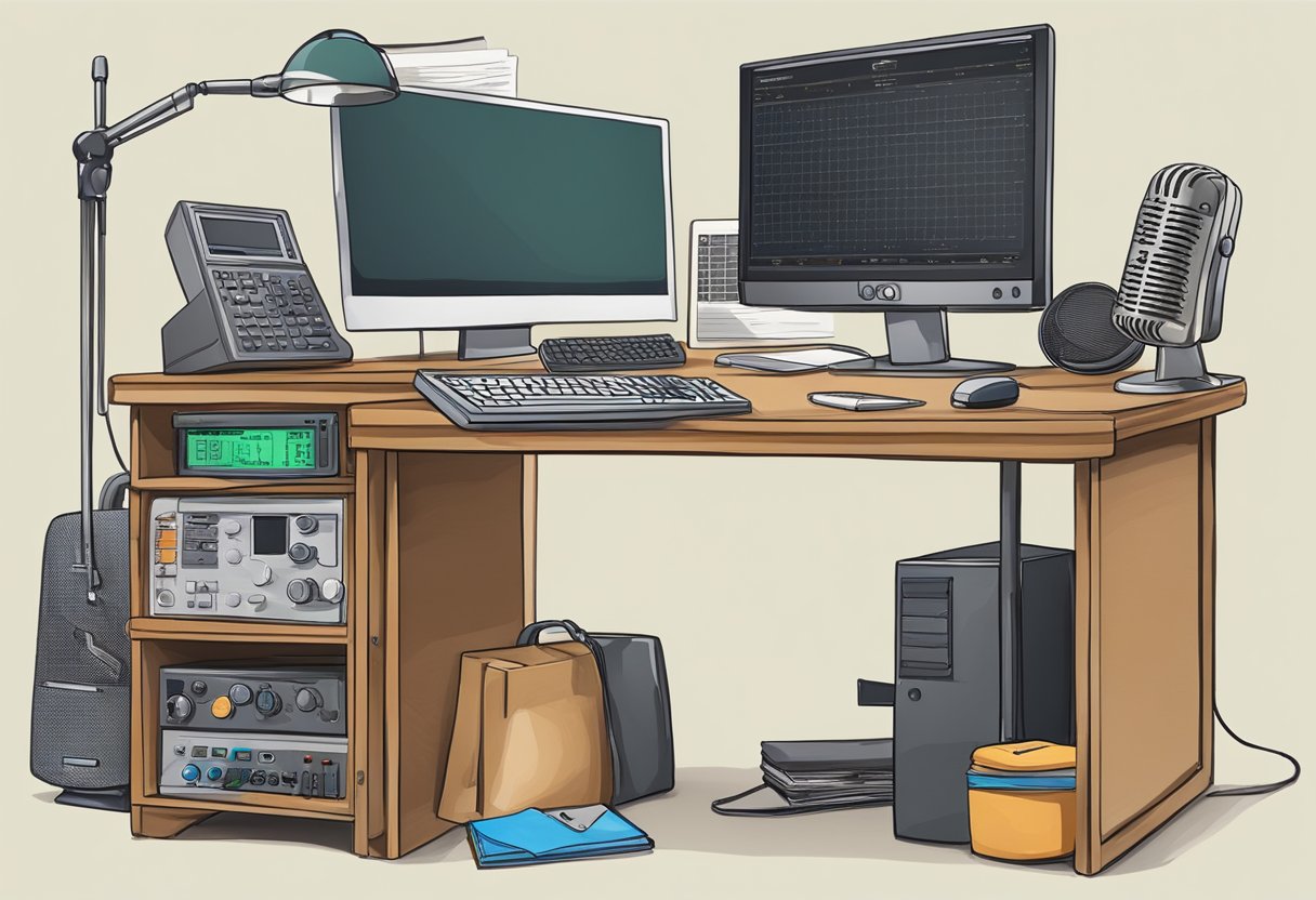 A desk with a computer, ham radio equipment, and a notebook open to a list of "Top 10 Ham Radio Blogs and Websites to Follow."