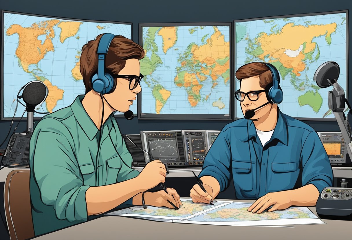 Ham radio operators around the world communicating with antennas, radios, and maps in the background, showing their passion and dedication to the hobby