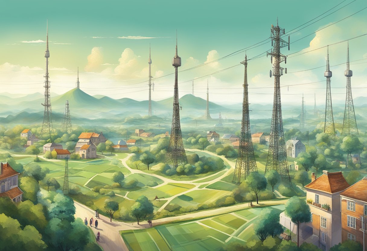 An array of diverse landscapes, from bustling cityscapes to tranquil rural settings, with radio towers reaching towards the sky, symbolizing global connectivity and friendship