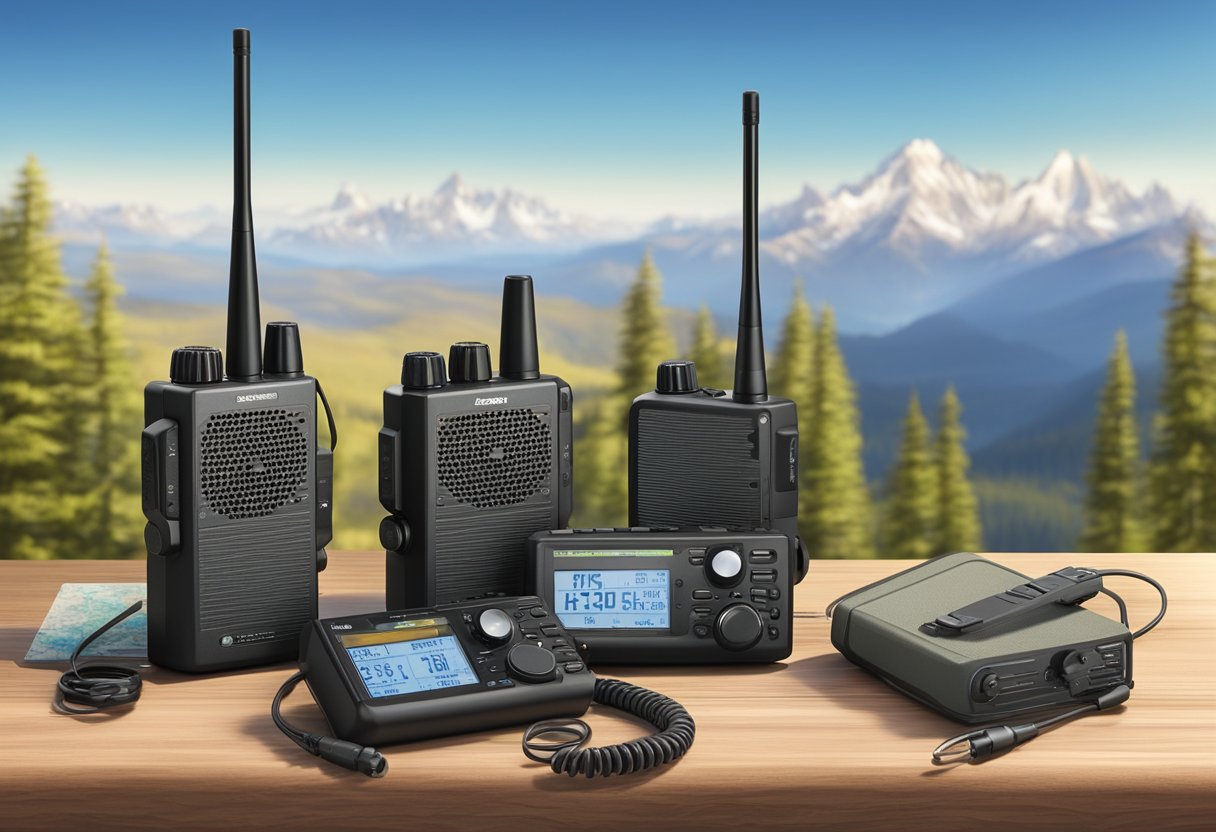 Five mobile ham radios arranged on a rugged outdoor table with mountains in the background, a map and compass nearby, and a clear blue sky above