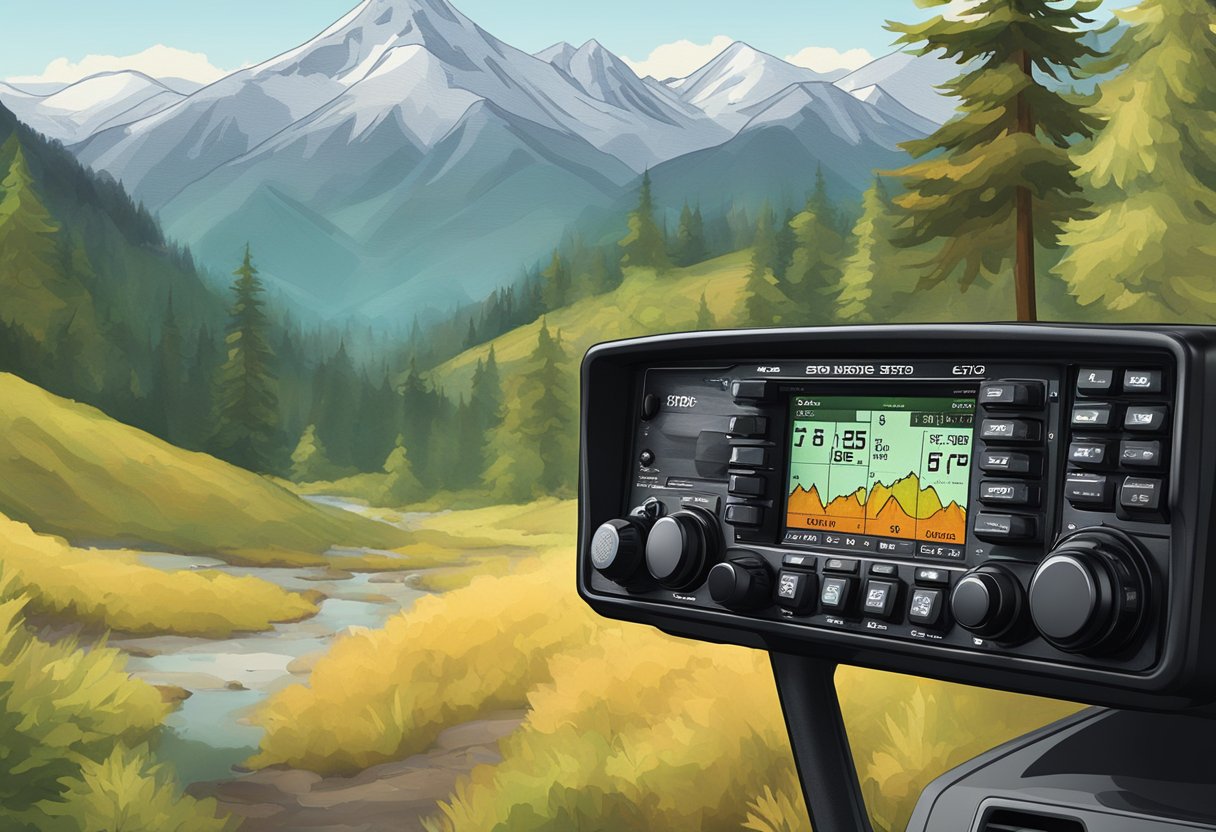 An ICOM IC-705 radio sits on a car dashboard with a scenic backdrop of mountains and forests in the distance