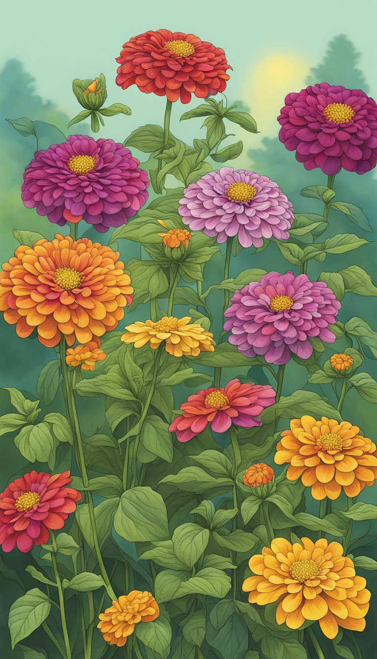 Vibrant zinnias bloom in a late-season garden, their colorful petals reaching towards the sun. Five seed packets lie nearby, ready to be sown