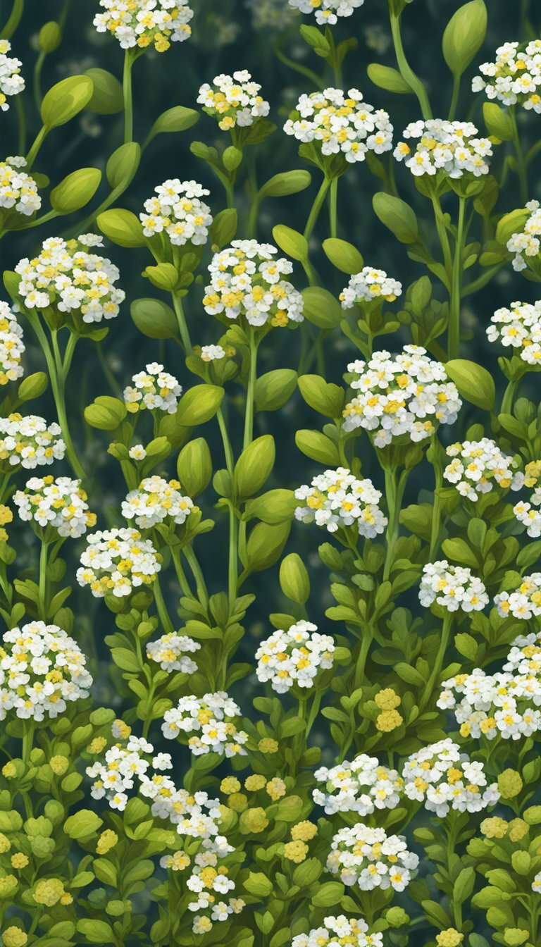 Sweet Alyssum seeds scattered on fertile soil, surrounded by blooming flowers in a late-season garden