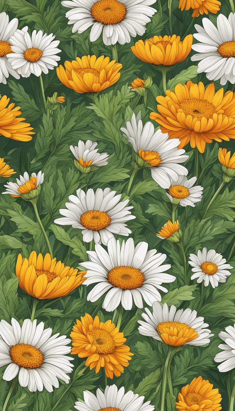 Vibrant calendula flowers in full bloom, surrounded by lush green foliage. Seeds scattered on the soil, ready to be sown for a late-season garden