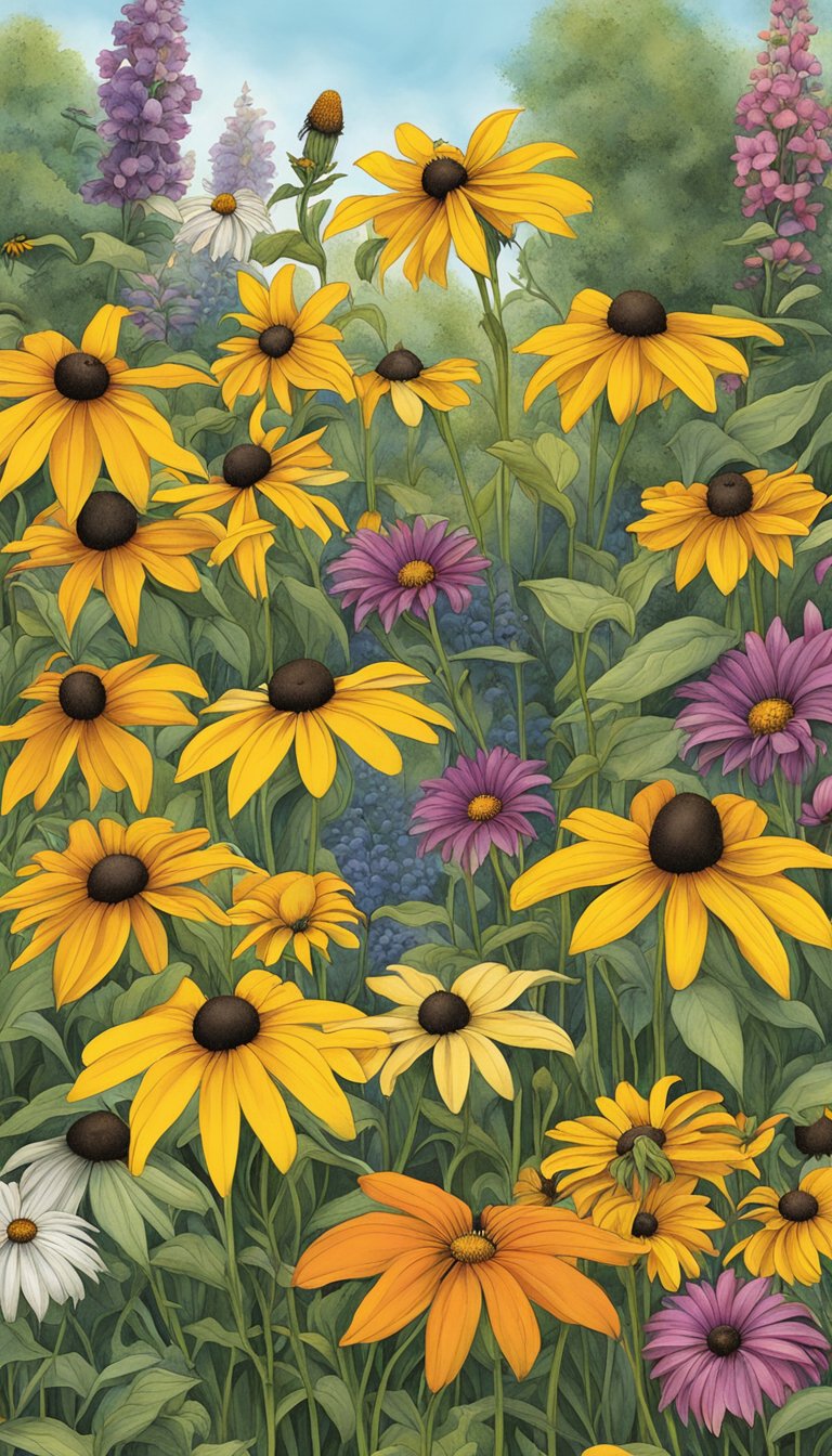 A garden bursting with late-season color, featuring vibrant Black-Eyed Susan flowers in full bloom, surrounded by other varieties sown in July