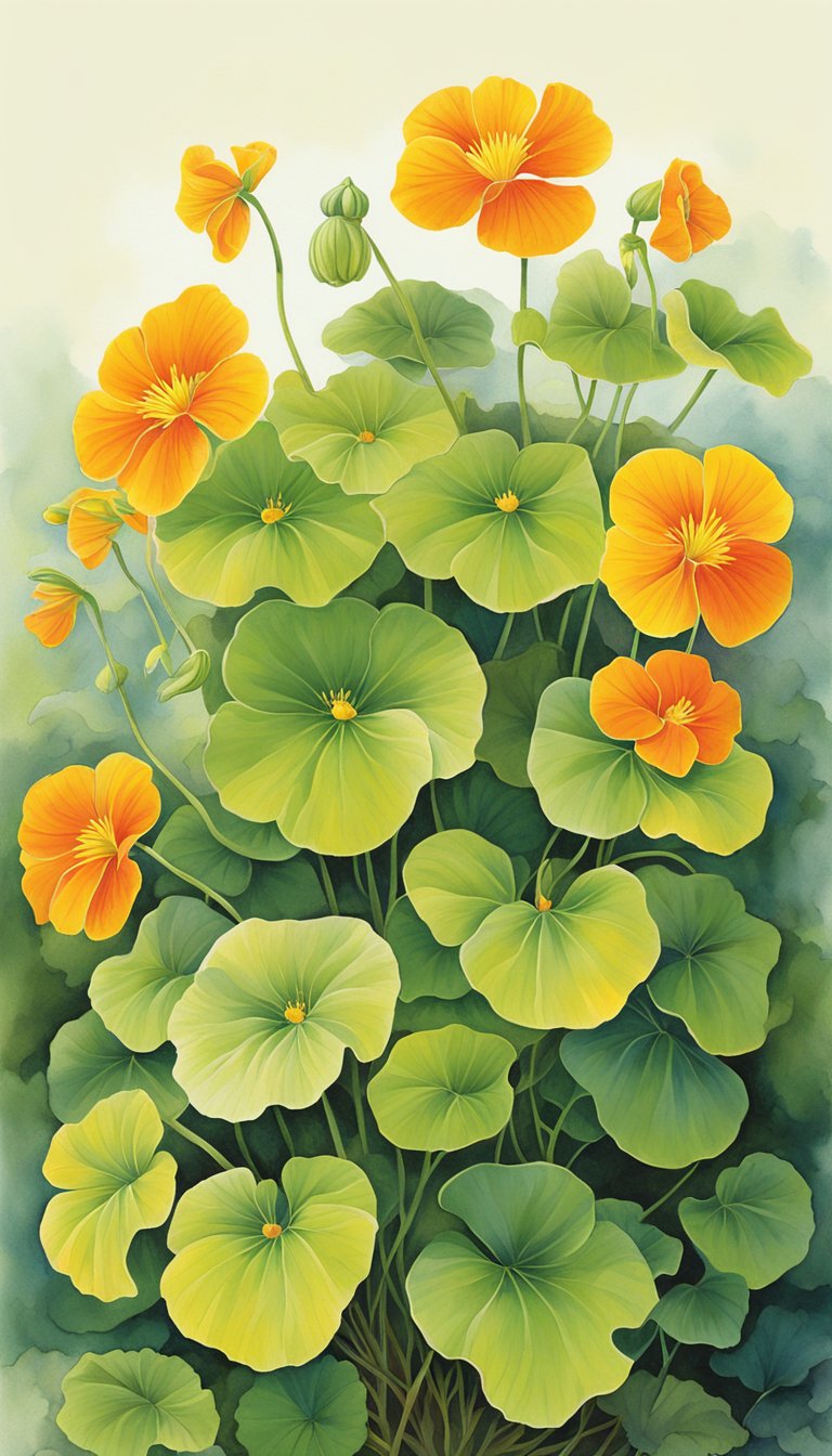 Vibrant nasturtiums bloom in a late-season garden, their colorful petals reaching toward the sun. Five seeds are sown in July, promising a beautiful display