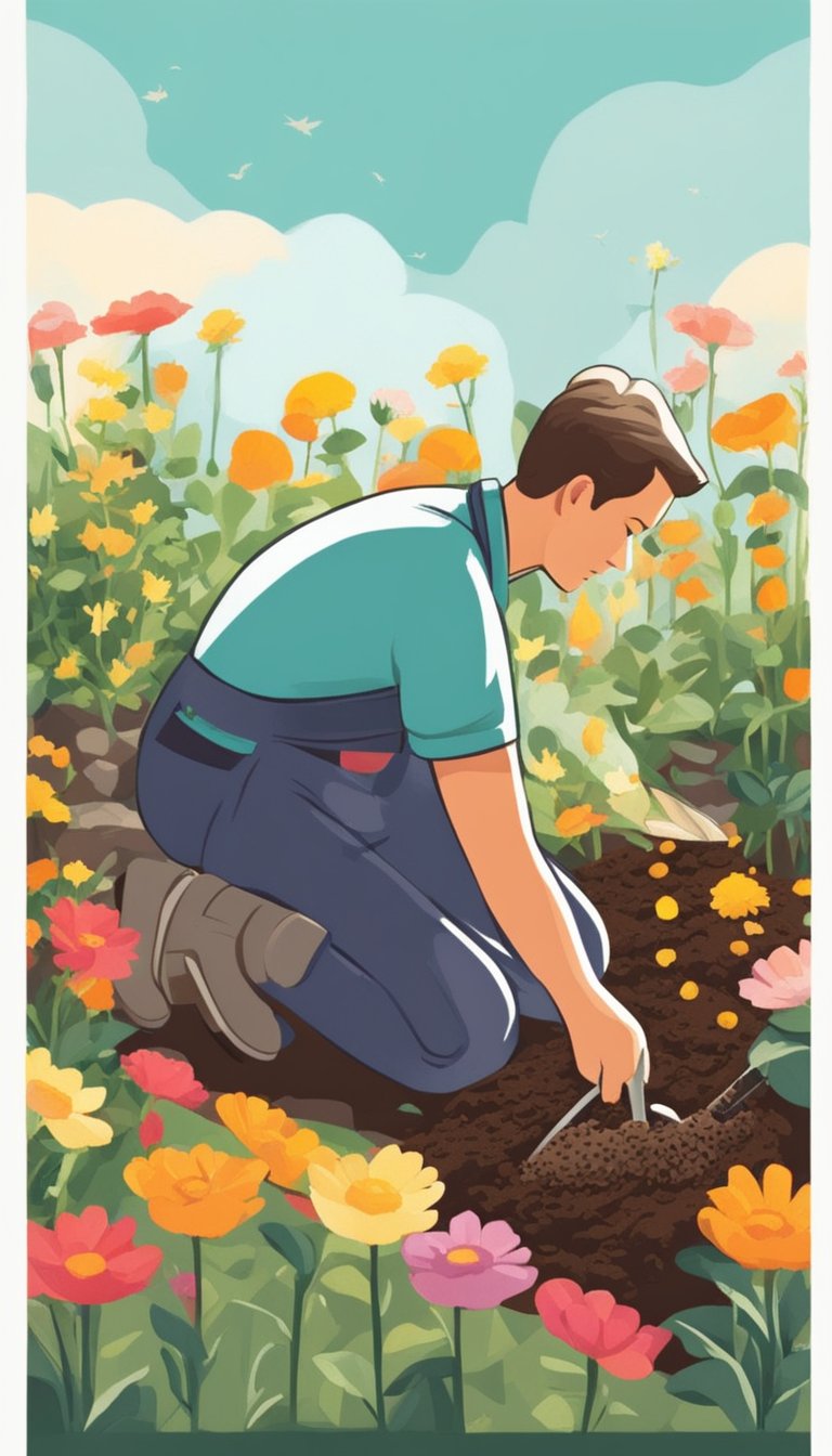 A gardener prepares soil for sowing flower seeds in late July, with bags of compost and a trowel nearby. The garden is bathed in warm sunlight, with vibrant blooms in the background