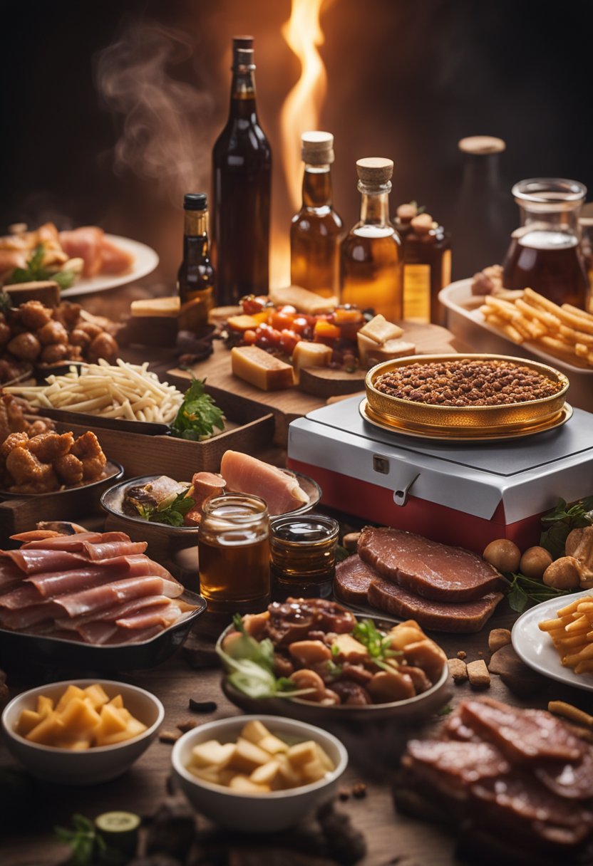 A cigarette burning next to a pile of processed meats and alcohol bottles, surrounded by a haze of smoke and unhealthy food packaging