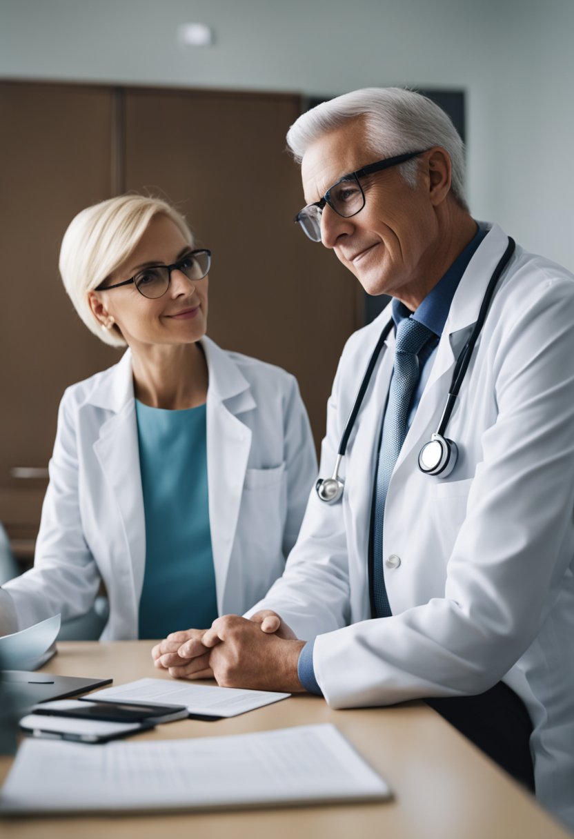 A doctor discussing treatment options for anal cancer with a patient in a medical office