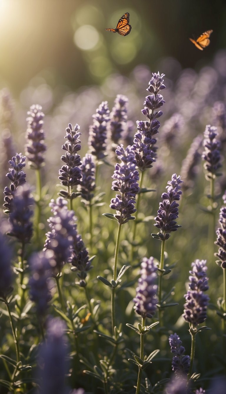 A garden with 10 lavender plants surrounded by fluttering butterflies and devoid of mosquitoes