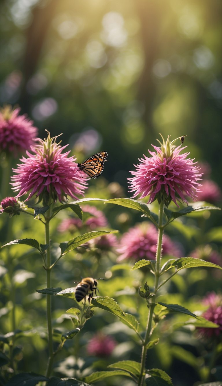 A garden filled with vibrant bee balm plants, surrounded by fluttering butterflies and devoid of mosquitoes