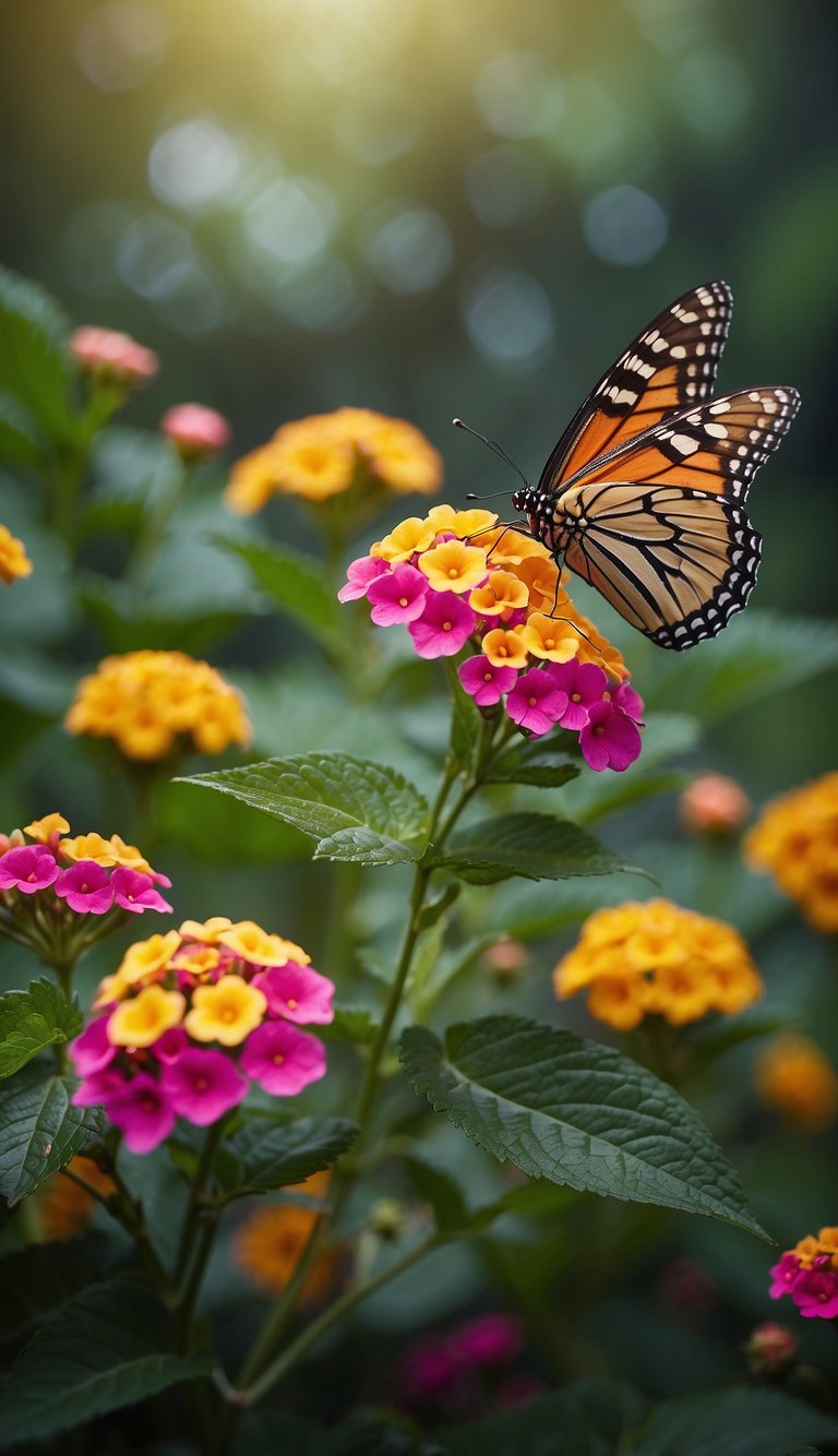 A garden of vibrant lantana plants surrounded by fluttering butterflies and devoid of pesky mosquitoes