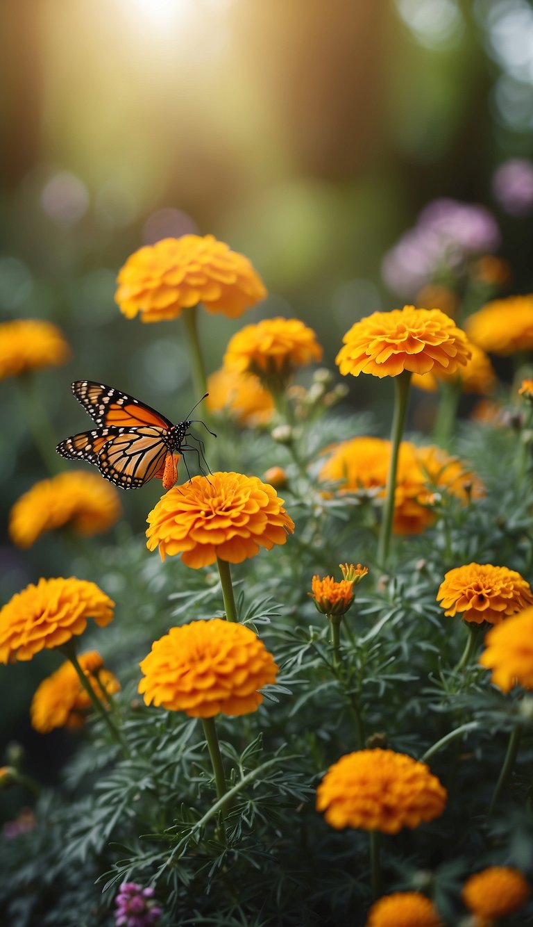 Vibrant marigold plants repelling mosquitoes and attracting butterflies in a sunny garden