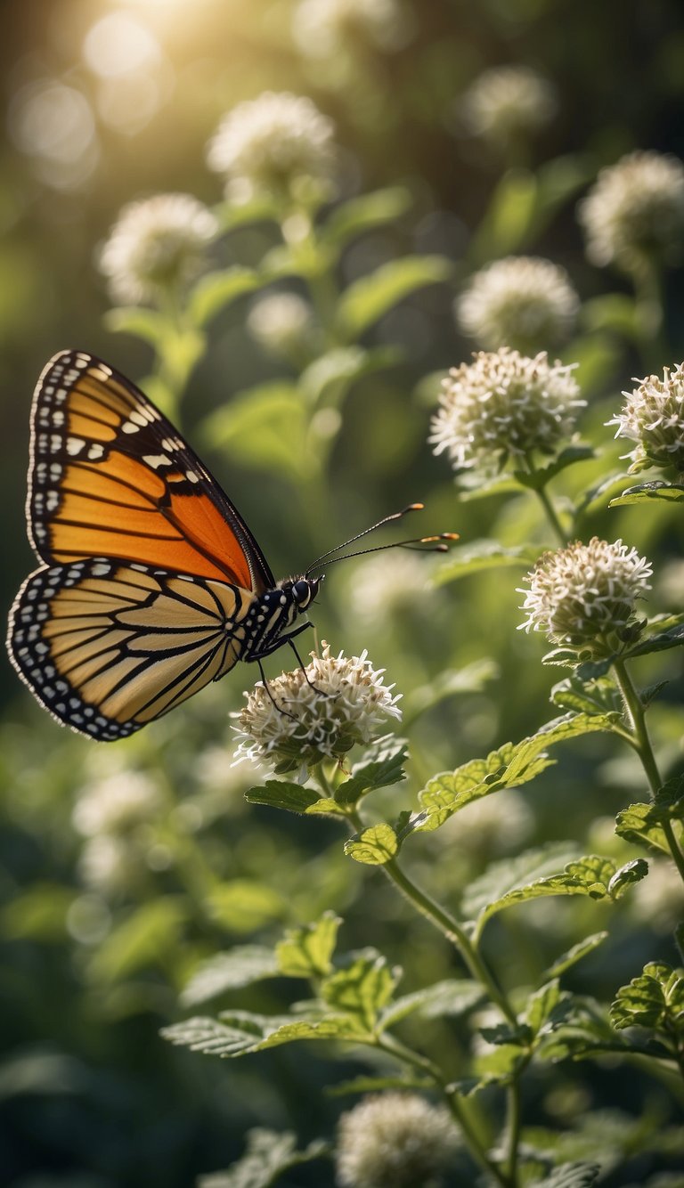 Lush garden with 10 catnip plants surrounded by fluttering butterflies and no mosquitoes in sight