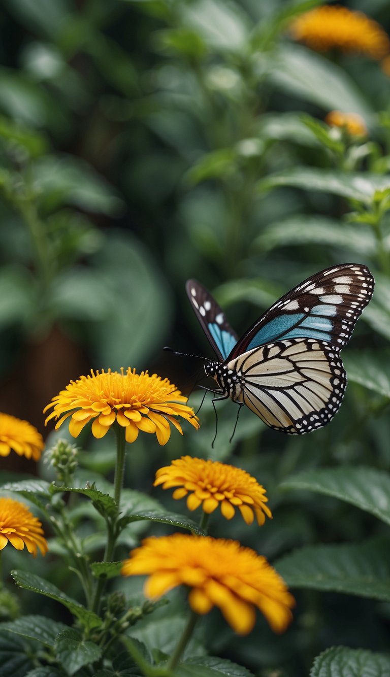 A garden with vibrant mint plants repelling mosquitoes and attracting colorful butterflies