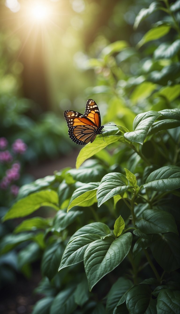 A lush garden with vibrant basil plants surrounded by fluttering butterflies and devoid of pesky mosquitoes