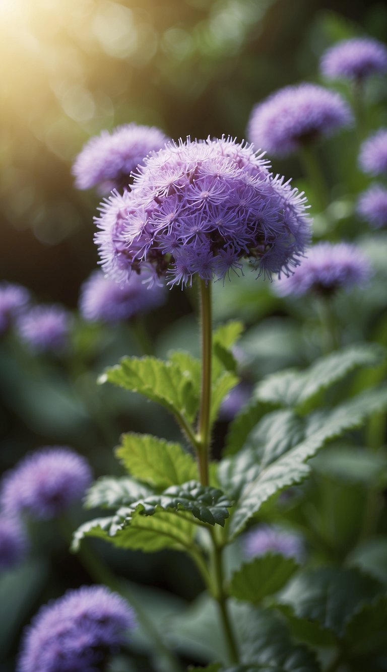 Vibrant ageratum plants repel mosquitoes and attract butterflies in a lush garden setting