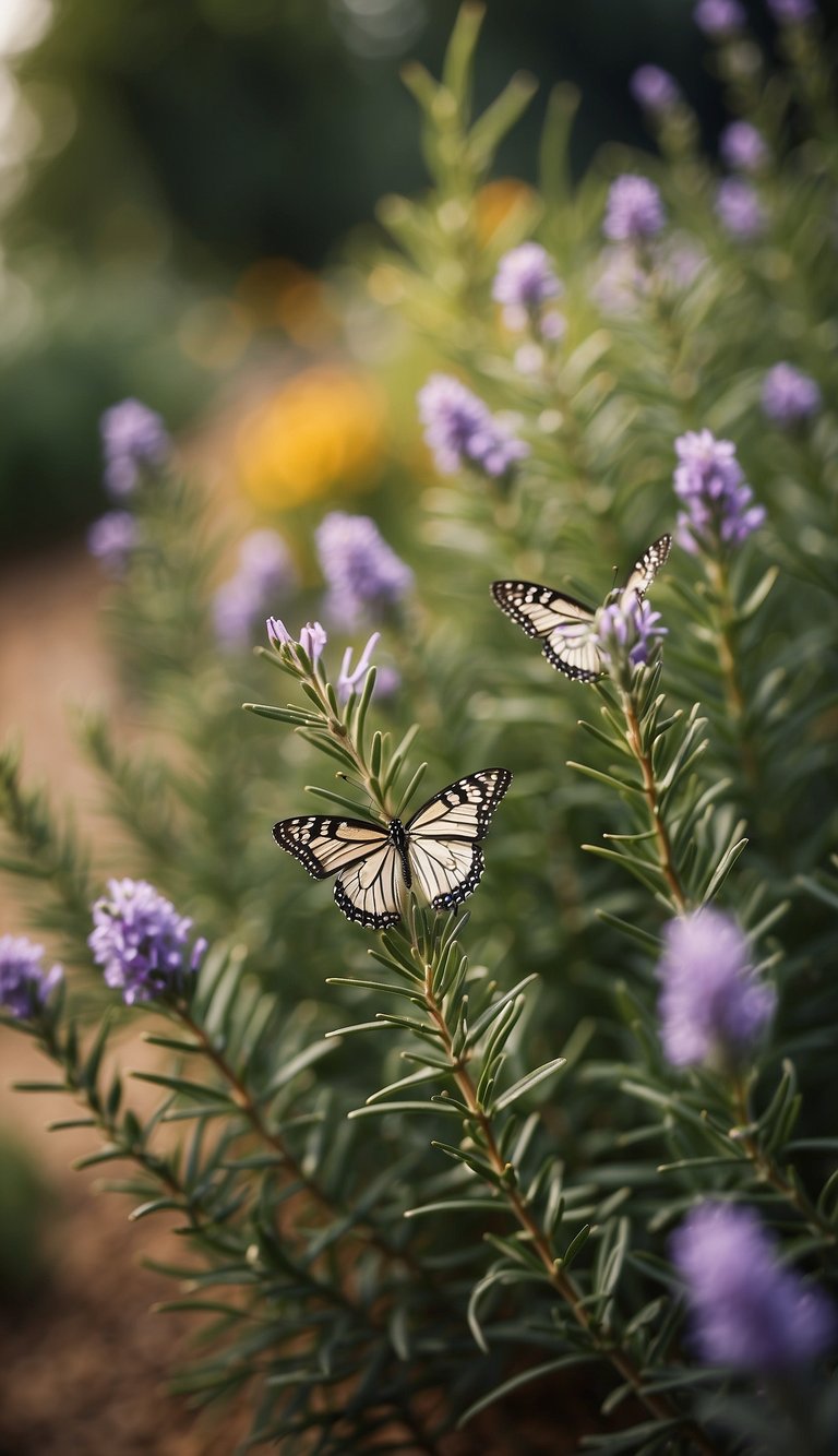 A garden filled with vibrant rosemary plants, surrounded by fluttering butterflies and devoid of pesky mosquitoes