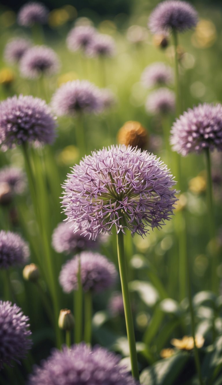 A garden filled with vibrant Allium plants, surrounded by fluttering butterflies and devoid of pesky mosquitoes