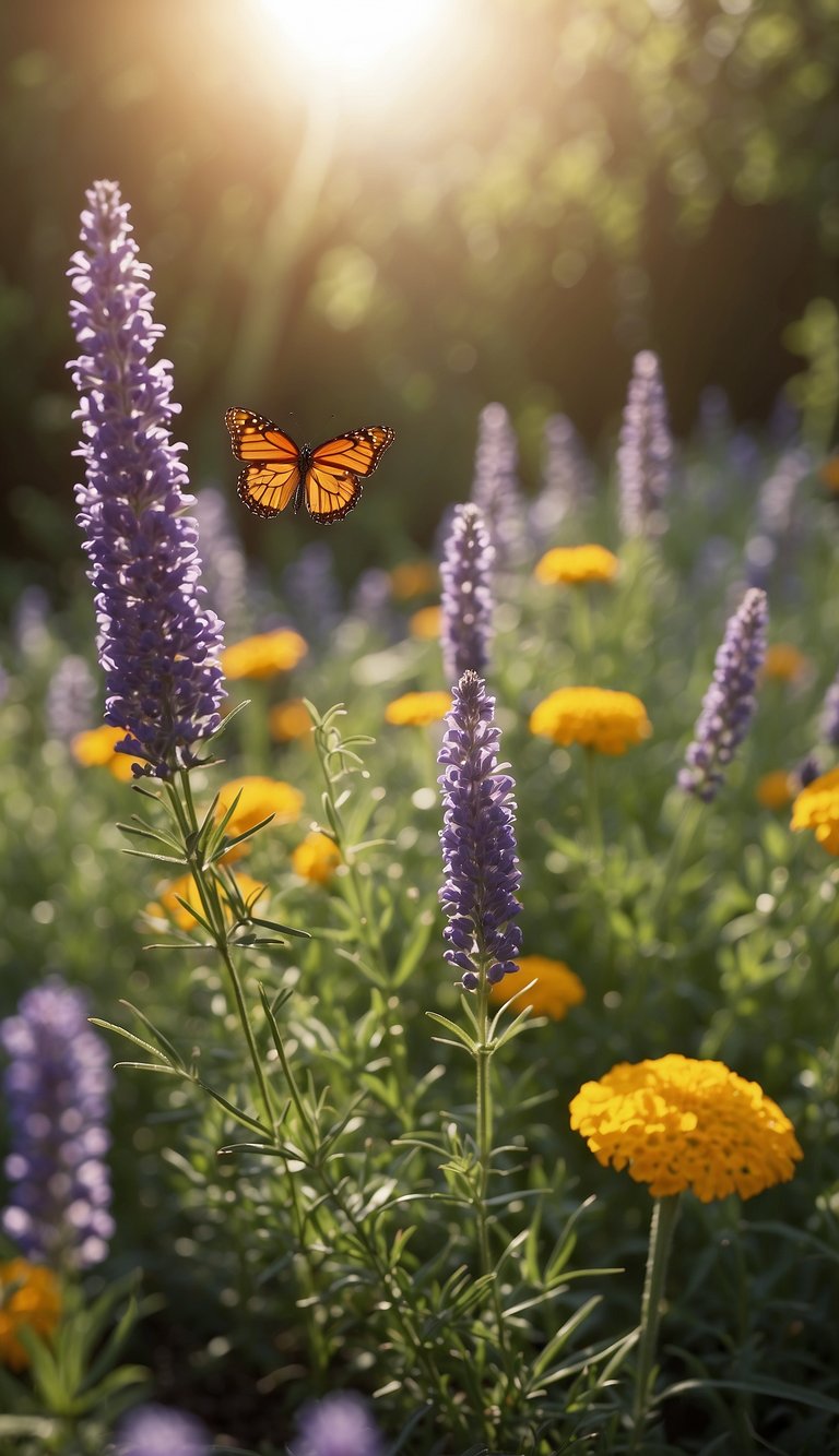 A garden with 10 plants: citronella, lavender, marigold, and others. Mosquitoes avoid them, while butterflies are attracted