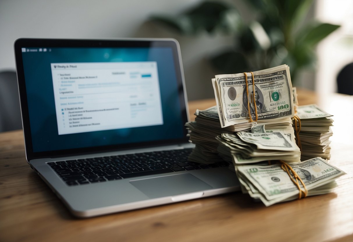 A stack of cash sitting on a table next to a laptop, with a "Frequently Asked Questions" webpage open on the screen