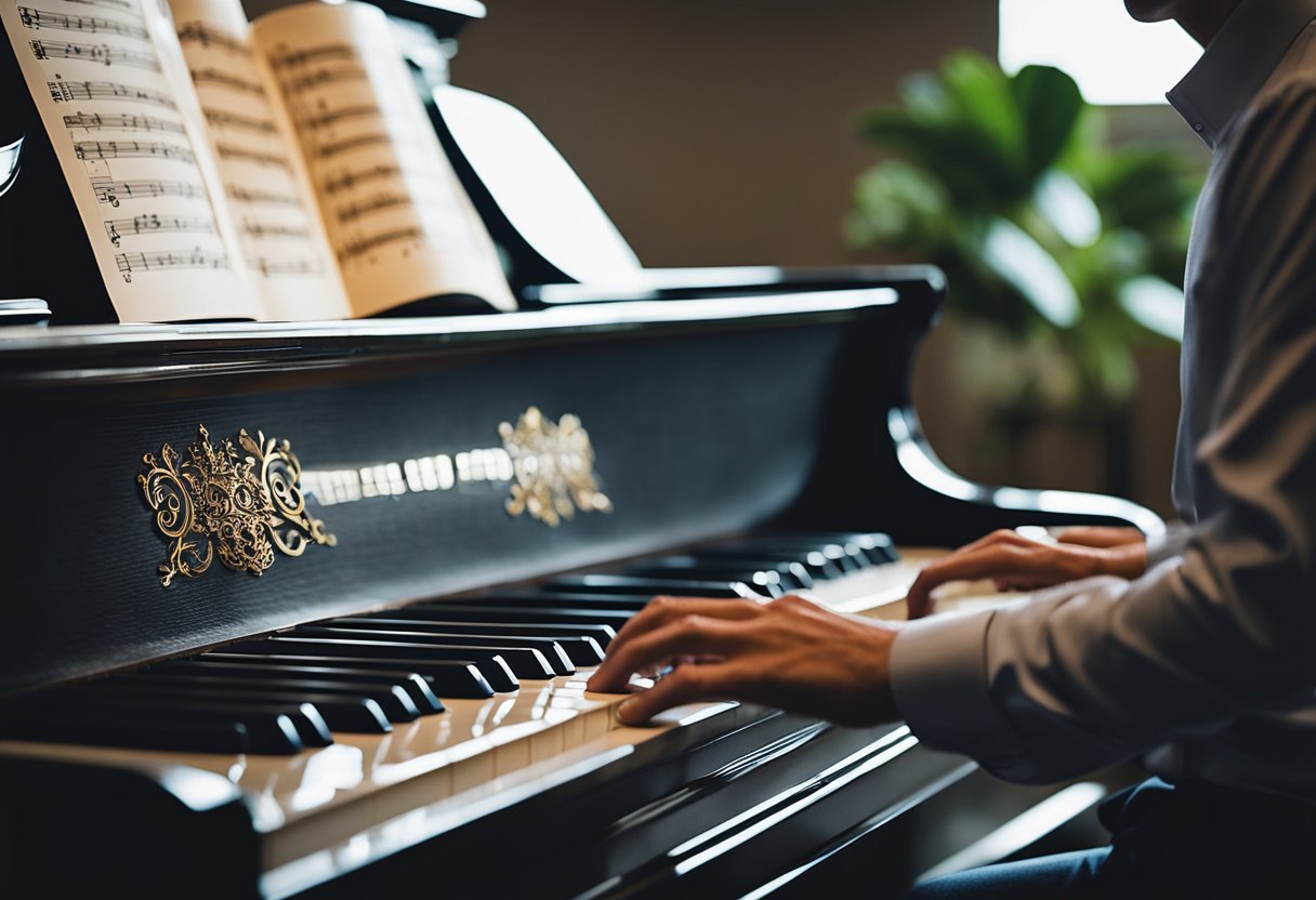 The correct posture at the piano: straight back, relaxed shoulders, and hands hovering over the keys