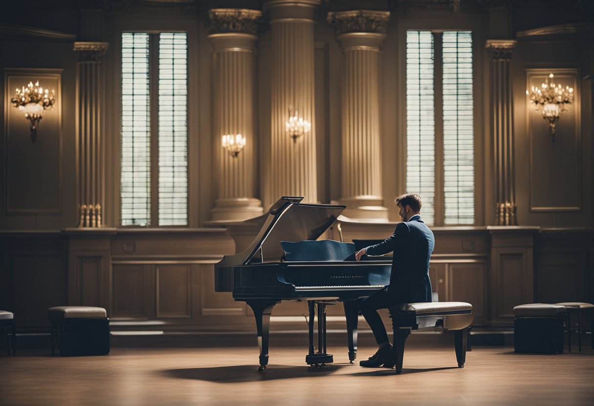 An incorrect posture at the piano, with slouched shoulders and bent back, can be corrected by sitting up straight with the back aligned and shoulders relaxed