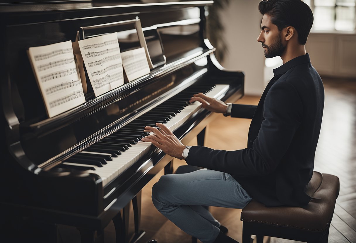 A person sitting with proper posture at a piano, with a straight back and relaxed shoulders, hands resting gently on the keys