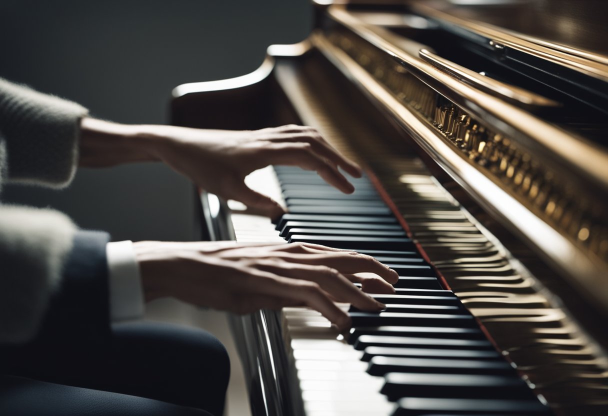 A figure sits tall and poised at the piano, hands hovering over the keys, ready to play