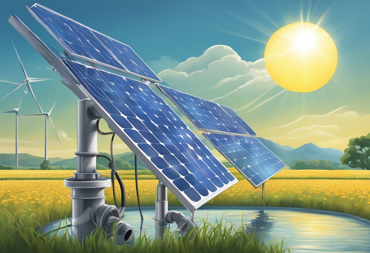 A solar panel sits atop a water pump, harnessing the sun's energy. The pump draws water from a well, surrounded by fields and a clear blue sky