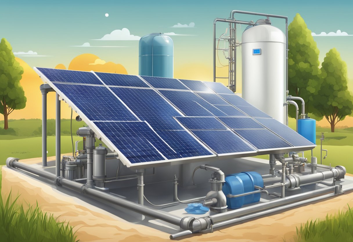 A solar panel sits on a pump, surrounded by pipes and a water tank. The sun shines down on the equipment, powering the pump to bring water to the surface