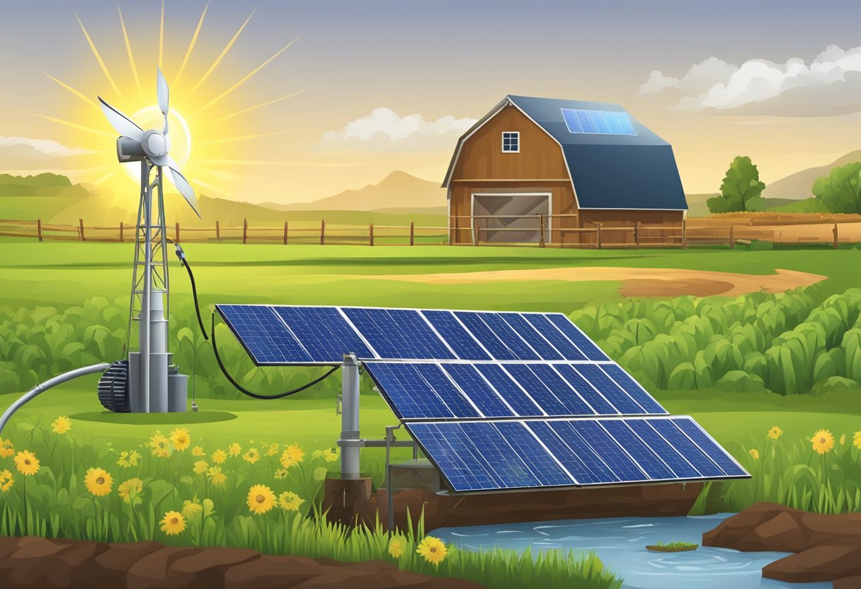 A solar panel sits on a remote farm, powering a water pump. The pump draws water from a well, providing irrigation for crops