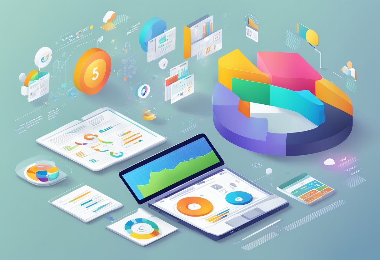 A colorful infographic showcasing 5 innovative digital marketing strategies for 2024, with data analysis and result measurement in the background