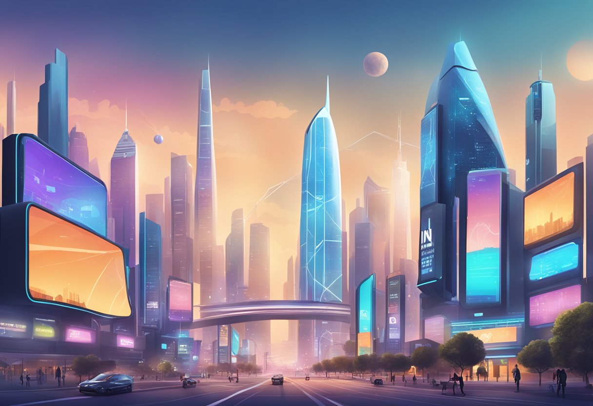 A futuristic city skyline with digital billboards showcasing innovative marketing strategies for 2024