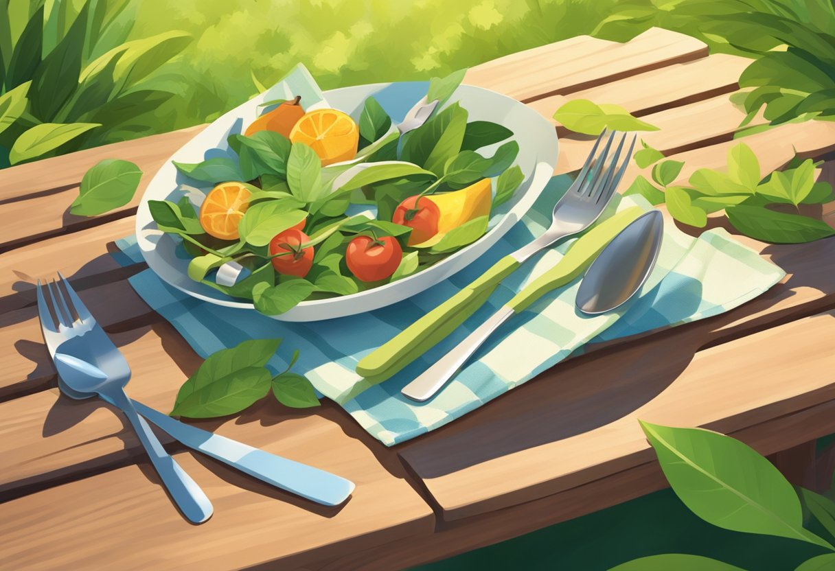 A pile of compostable cutlery scattered on a wooden picnic table in a lush, green park. Sunlight filters through the leaves, casting dappled shadows on the eco-friendly utensils