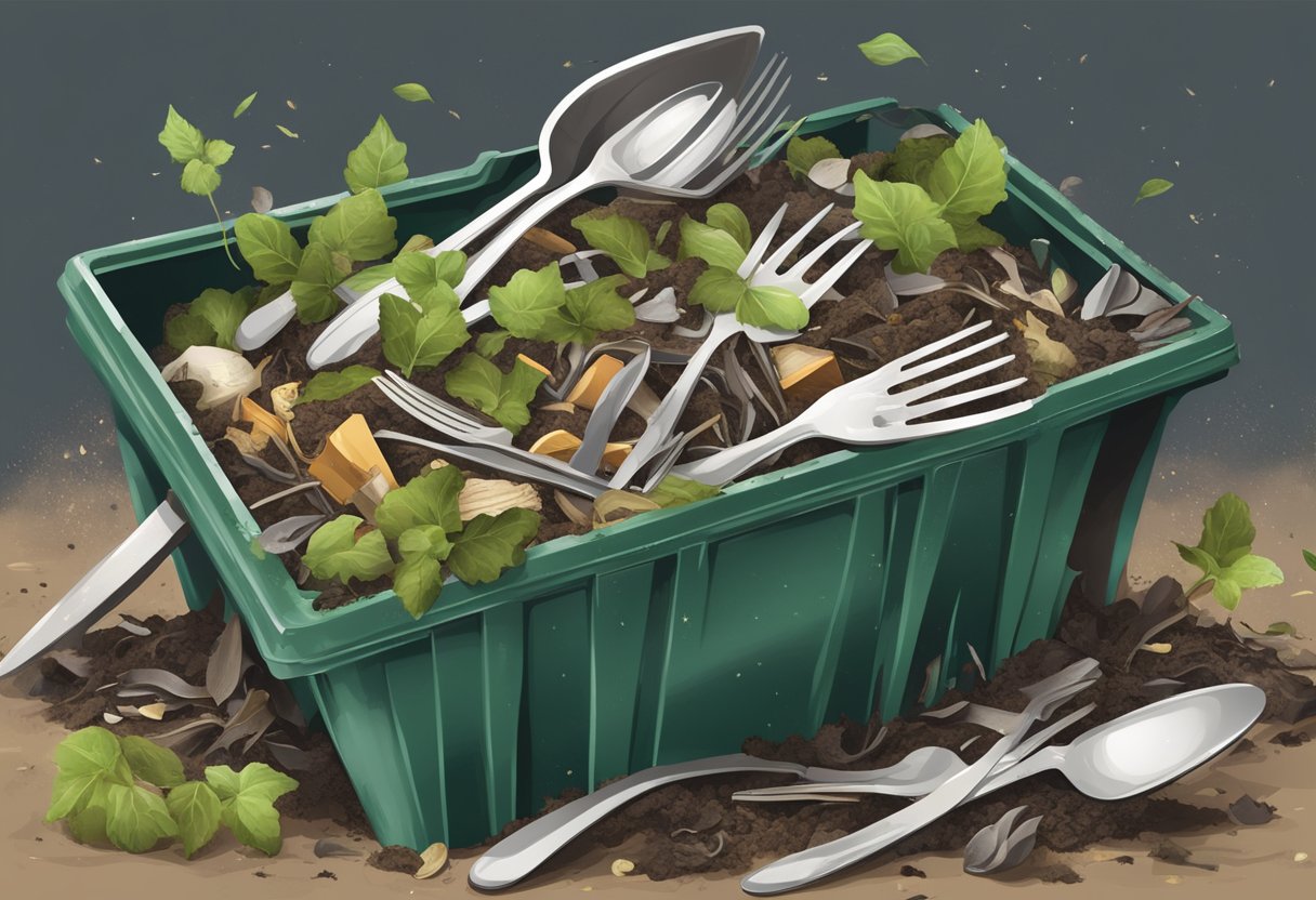 A pile of biodegradable cutlery surrounded by decomposing organic waste in a compost bin