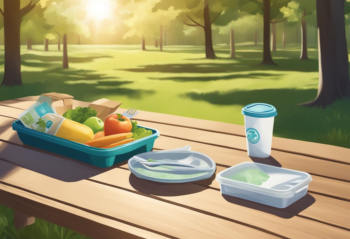 Compostable cutlery placed on a picnic table next to a biodegradable food container and a recycling bin. Sunlight filters through the trees, casting dappled shadows on the scene