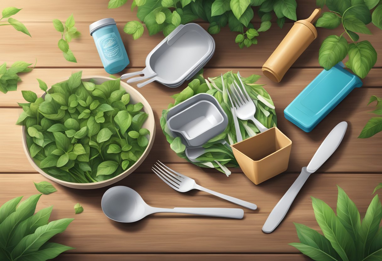 A pile of compostable cutlery scattered on a wooden table, surrounded by green plants and a recycling bin in the background