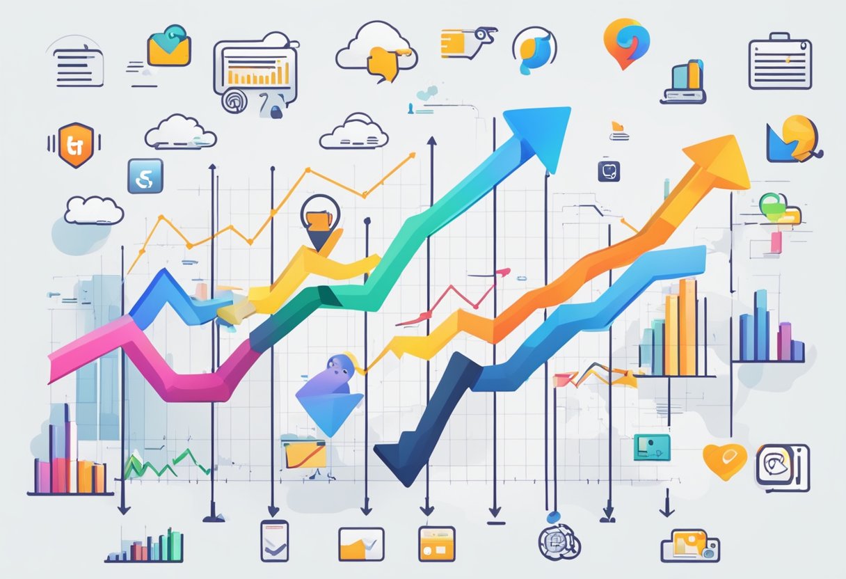 A colorful chart showing social media metrics increasing over time, with icons representing likes, comments, and shares. Graphs and arrows indicate growth and optimization