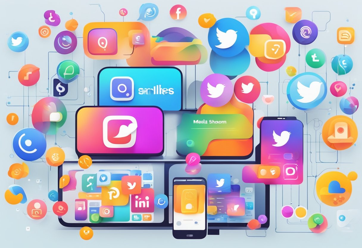 A colorful social media platform with various engagement elements like likes, comments, and shares, surrounded by vibrant graphics and icons representing different social media strategies