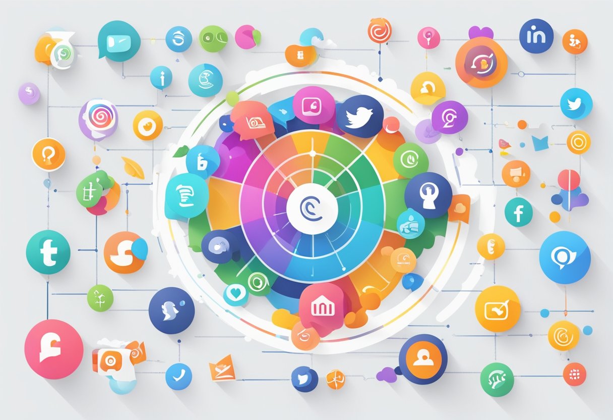 A colorful social media strategy chart with engagement metrics rising, surrounded by vibrant icons and symbols