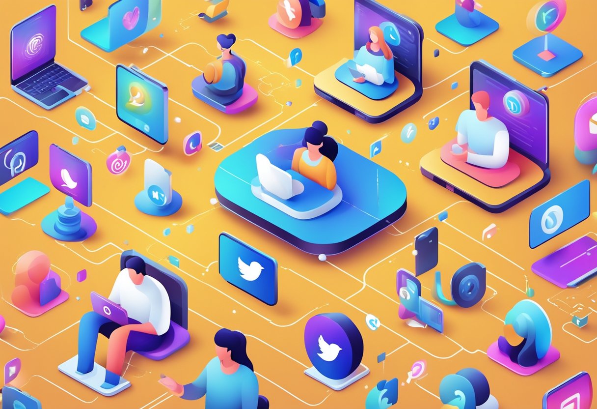 A group of diverse social media icons interacting and engaging with each other, surrounded by vibrant and dynamic communication symbols and elements