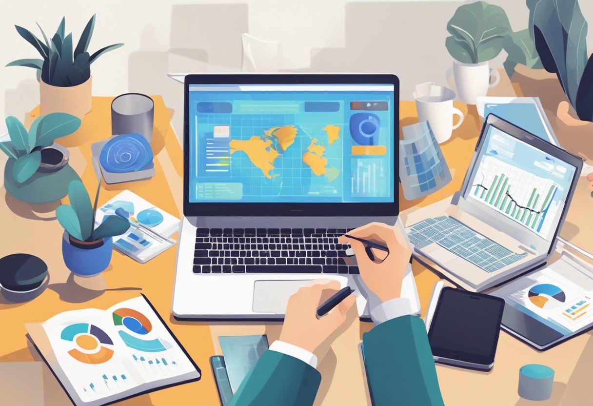 A person analyzing and adjusting social media strategy, surrounded by charts and graphs, with a laptop and mobile phone on the table